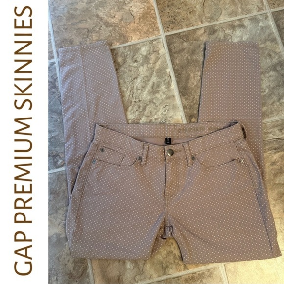GAP Tan w White Polka Dots Premium Skinny Jeans Mid-Rise Stretch -Sz 8- - Picture 1 of 5